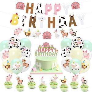 Farm Animals Birthday Party Barnyard Decor Banner Cake Topper Balloon Hat Pastel
